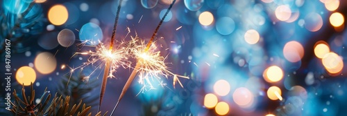 Closeup of two sparklers burning in the air with a blurred background and bokeh lights