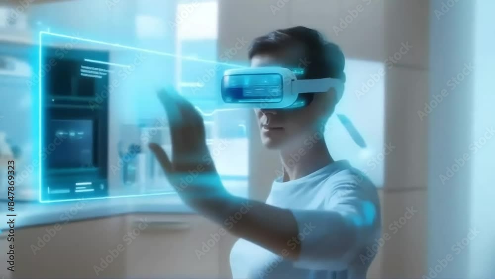 Person Using Virtual Reality Interface in Modern Home Person Using Virtual Reality Interface in Modern Home
