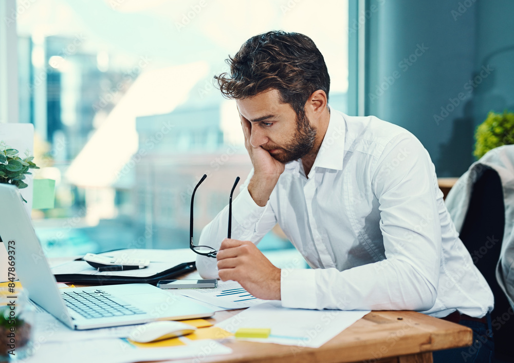 Laptop, glasses and man with headache by desk for tension, pain and anxiety in accounting job. Finance, office and frustrated with stress by tech for audit information, mistake and digital report Laptop, glasses and man with headache by desk for tension, pain and anxiety in accounting job. Finance, office and frustrated with stress by tech for audit information, mistake and digital report