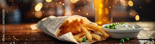 Classic British fish and chips served in a newspaper wrap with a side of mushy peas and tartar sauce, placed on a wooden pub table with a pint of beer