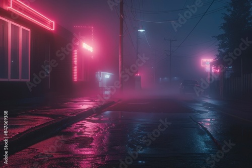 empty wet street at night with neon light shining