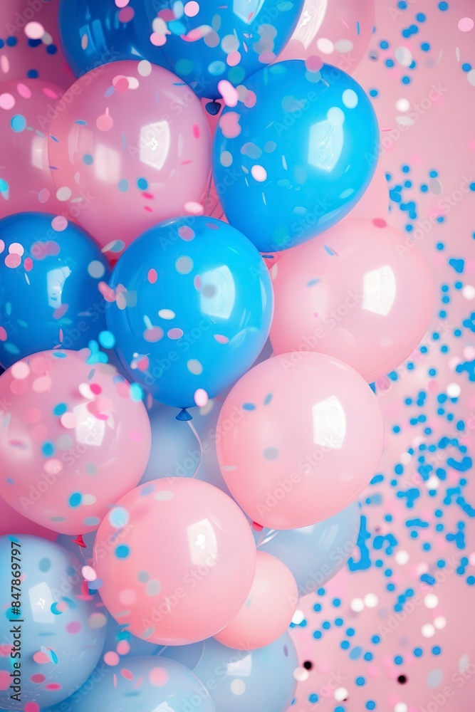 shiny pink and blue balloons with confetti background shiny pink and blue balloons with confetti background