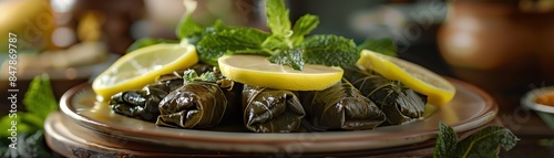 Closeup of a plate of Wara Enab stuffed grape leaves photo