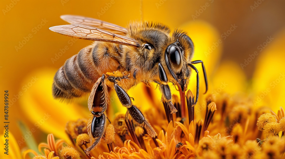 A honeybee collecting pollen from a blooming sunflower A honeybee collecting pollen from a blooming sunflower