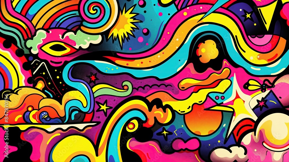 A vibrant and colorful abstract illustration bursting with psychedelic energy, featuring swirling lines, stars, and celestial bodies A vibrant and colorful abstract illustration bursting with psychedelic energy, featuring swirling lines, stars, and celestial bodies