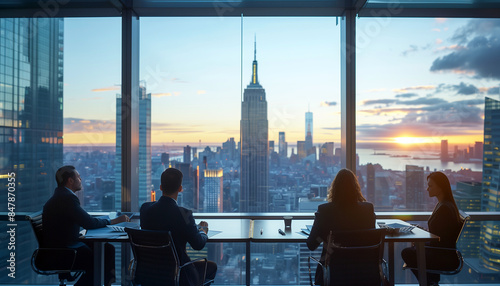 Medium business professionals meeting with financiers in a high-rise office, discussing funding and growth opportunities for their expanding company.