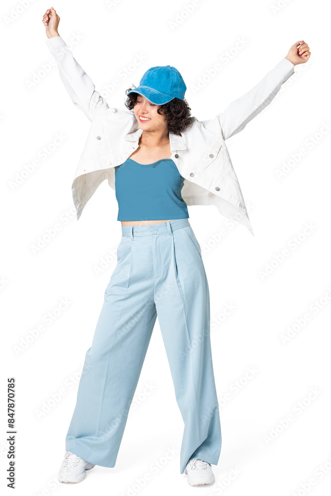 Png happy woman mockup posing in white jacket and blue outfit Png happy woman mockup posing in white jacket and blue outfit