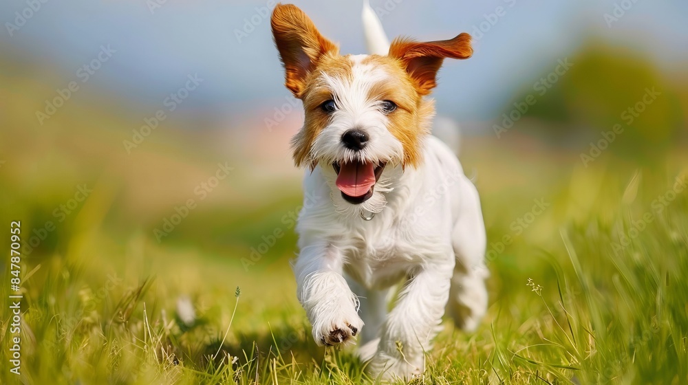Joyful Puppy Playing in Spring Grass with Comical Ears Up, Summer Pet Fun