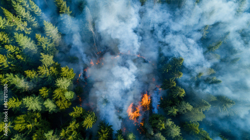 Catastrophic pine forest fire. Smoke and orange flames rise high. Natural disaster. Top view.