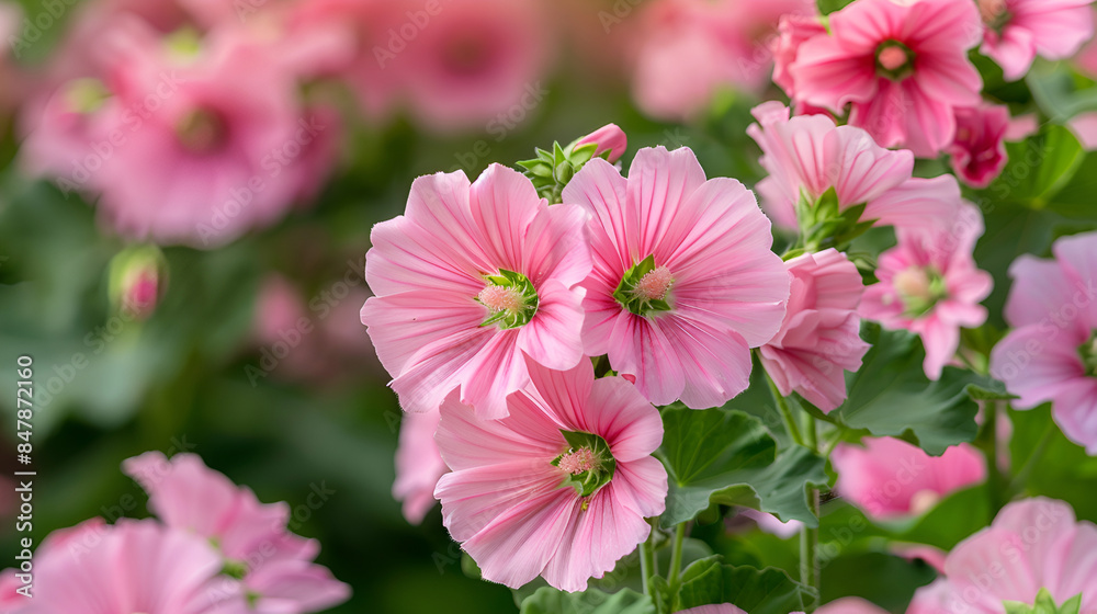 Beautiful pink mallow flowers in the botanical garden at sunset on a blurred natural background. Summer floral banner. Beautiful pink mallow flowers in the botanical garden at sunset on a blurred natural background. Summer floral banner.