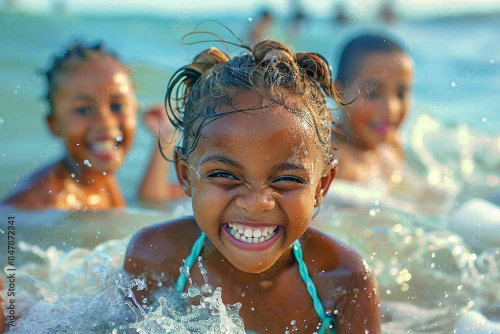 Happy African American children playing in the sea and splashing water. Summer vacation concept. Happy African American children playing in the sea and splashing water. Summer vacation concept.