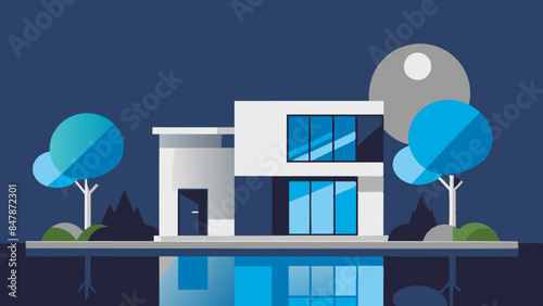 A picturesque house on a secluded island, with tropical vegetation and a tranquil sea backdrop. a serene landscape of trees, water, and sky.