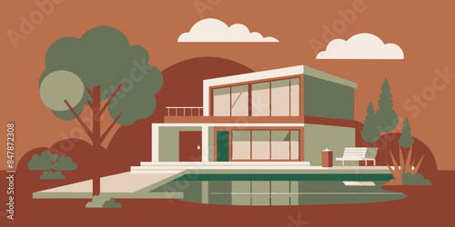 A picturesque house on a secluded island, with tropical vegetation and a tranquil sea backdrop. a serene landscape of trees, water, and sky.