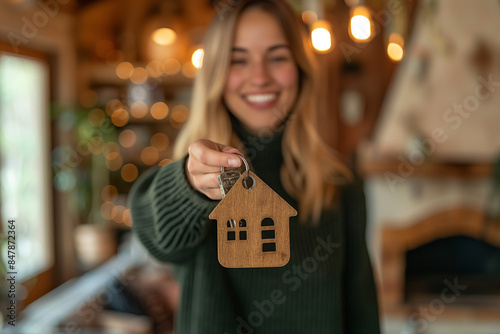 Happy Woman Holding House Keys - New Homeowner and Real Estate Success photo