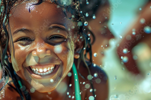 Happy African American girl playing in the sea water. Summer vacation concept. © Tanya