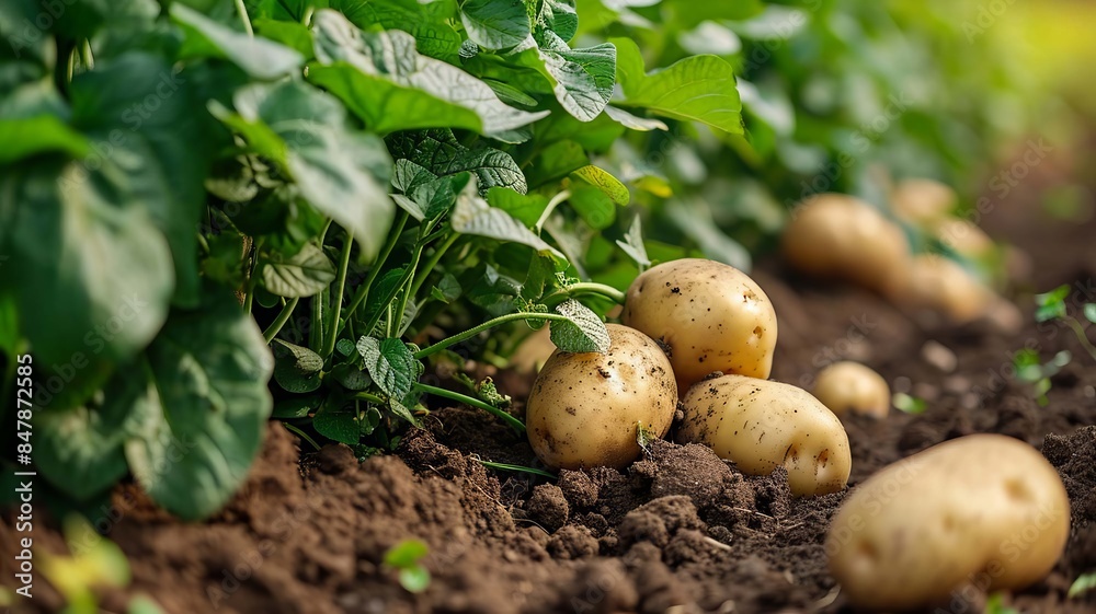 Potatoes growing in the garden. selective focus. Generative AI, Potatoes growing in the garden. selective focus. Generative AI,