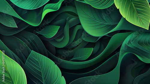 Vector design featuring abstract green leaf on wavy background.