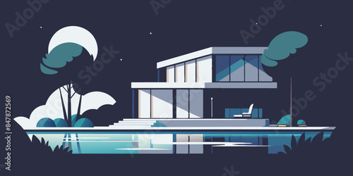 A picturesque house on a secluded island, with tropical vegetation and a tranquil sea backdrop. a serene landscape of trees, water, and sky.