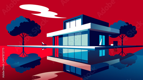 A picturesque house on a secluded island, with tropical vegetation and a tranquil sea backdrop. a serene landscape of trees, water, and sky.