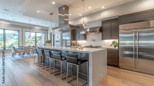 contemporary kitchen with sleek cabinetry, stainless steel appliances, and a large island perfect for cooking and entertaining © Aeman