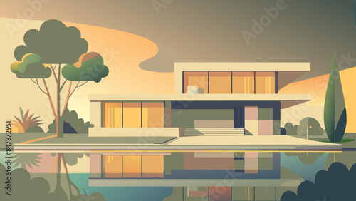 A picturesque house on a secluded island, with tropical vegetation and a tranquil sea backdrop. a serene landscape of trees, water, and sky.