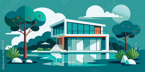 A picturesque house on a secluded island, with tropical vegetation and a tranquil sea backdrop. a serene landscape of trees, water, and sky.