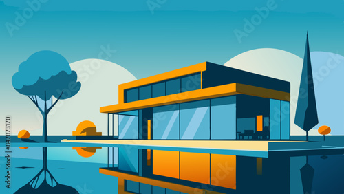 A picturesque house on a secluded island, with tropical vegetation and a tranquil sea backdrop. a serene landscape of trees, water, and sky.