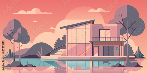 A picturesque house on a secluded island, with tropical vegetation and a tranquil sea backdrop. a serene landscape of trees, water, and sky.