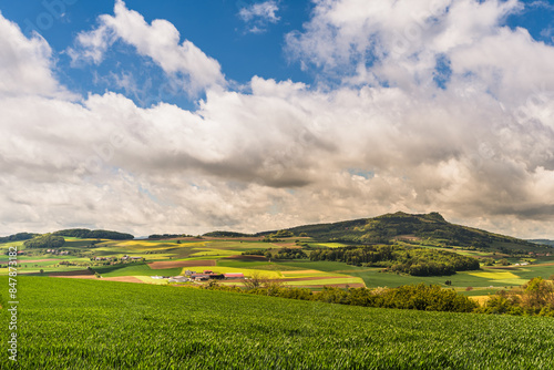 Fototapeta Naklejka Na Ścianę i Meble -  Hegau landscape with fields and meadows, view to the Hohenstoffeln, Hilzingen, Baden-Wuerttemberg, Germany