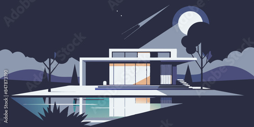 An idyllic house nestled on a serene island, surrounded by glistening waters. A picturesque home situated on a tranquil island, encompassed by shimmering waters and abundant foliage.