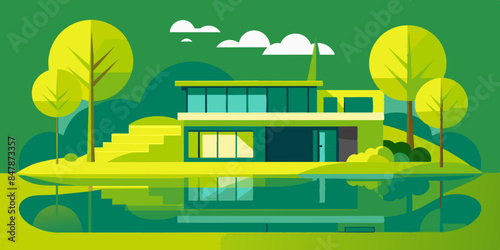 An idyllic house nestled on a serene island, surrounded by glistening waters. A picturesque home situated on a tranquil island, encompassed by shimmering waters and abundant foliage.