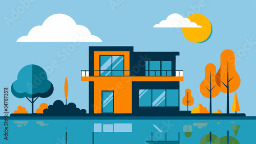 An idyllic house nestled on a serene island, surrounded by glistening waters. A picturesque home situated on a tranquil island, encompassed by shimmering waters and abundant foliage.