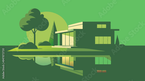 An idyllic house nestled on a serene island, surrounded by glistening waters. A picturesque home situated on a tranquil island, encompassed by shimmering waters and abundant foliage.