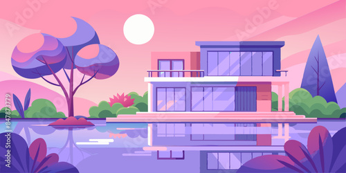 An idyllic house nestled on a serene island, surrounded by glistening waters. A picturesque home situated on a tranquil island, encompassed by shimmering waters and abundant foliage.