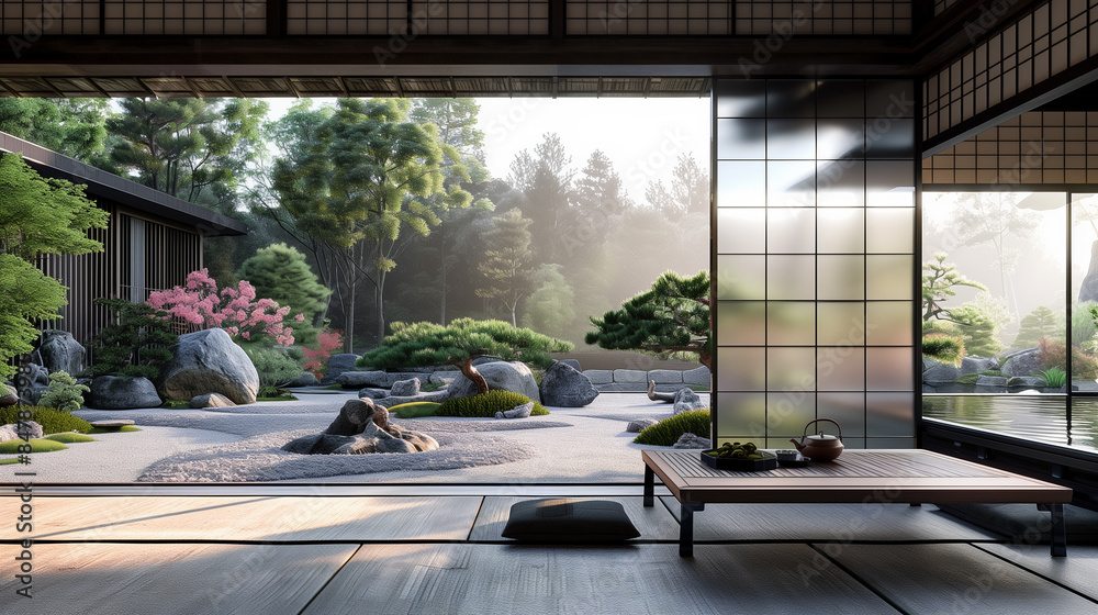 Fototapeta premium Traditional Japanese house overlooking the beautiful harmonious Japanese rock garden and bonsai, soft light