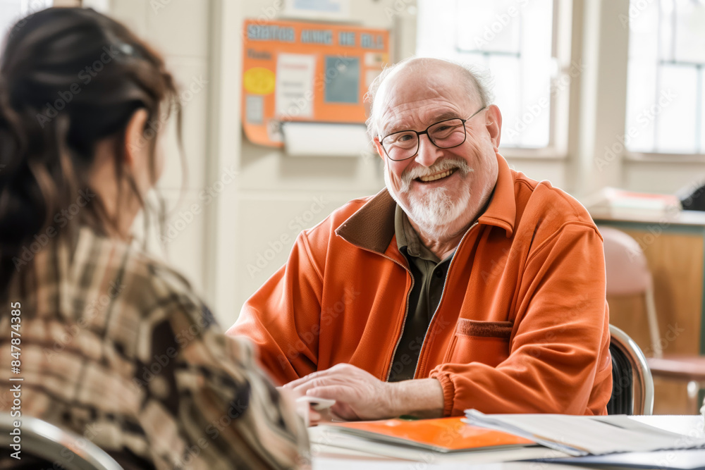 A friendly interaction between two individuals in a classroom. The elderly man is smiling, creating a warm atmosphere. Both are engaged in discussion. A friendly interaction between two individuals in a classroom. The elderly man is smiling, creating a warm atmosphere. Both are engaged in discussion.
