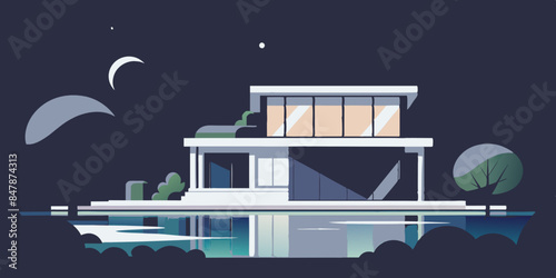 A picturesque house situated on a tranquil island, with a beautiful landscape of trees and water.