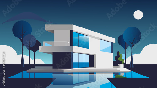 A picturesque house situated on a tranquil island, with a beautiful landscape of trees and water.