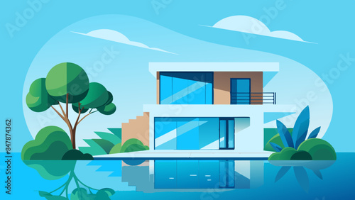A picturesque house situated on a tranquil island, with a beautiful landscape of trees and water.