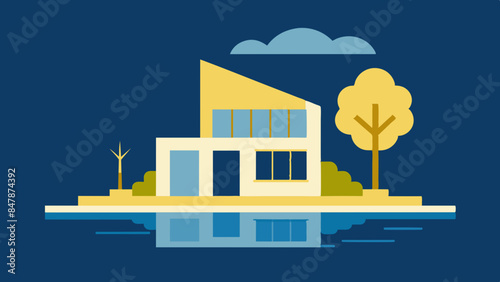 A picturesque house situated on a tranquil island, with a beautiful landscape of trees and water.