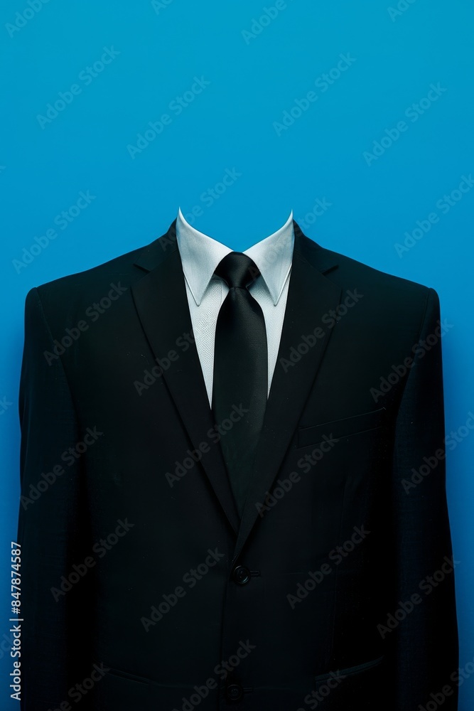 Surreal image of a headless suit with a black tie and blue background, representing anonymity and mystery. Surreal image of a headless suit with a black tie and blue background, representing anonymity and mystery.