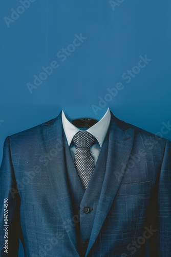 Surreal image of a headless suit on a blue background, symbolizing anonymity, mystery, and professionalism. photo