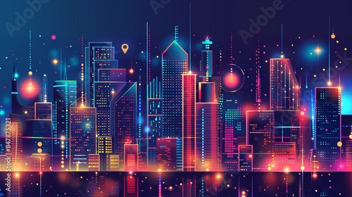 The cellular technology in the smart city appears pixelated, the smart city concept with signal towers that enable smooth business communications and easy access to information for residents photo