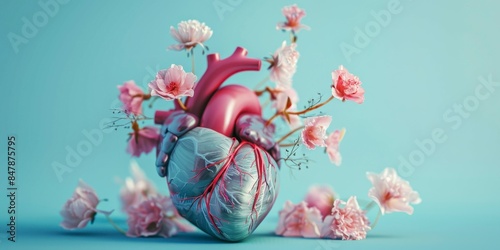 heart with pink flowers on blue background