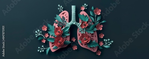 paper sculpture of lungs with flowers and leaves on dark background