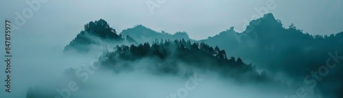 Mountain passes shrouded in morning fog, gateways to mystical realms, the allure of the unknown photo