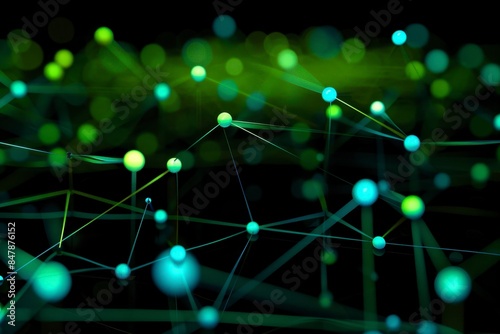 Abstract background with glowing green and blue dots connected with line on black background