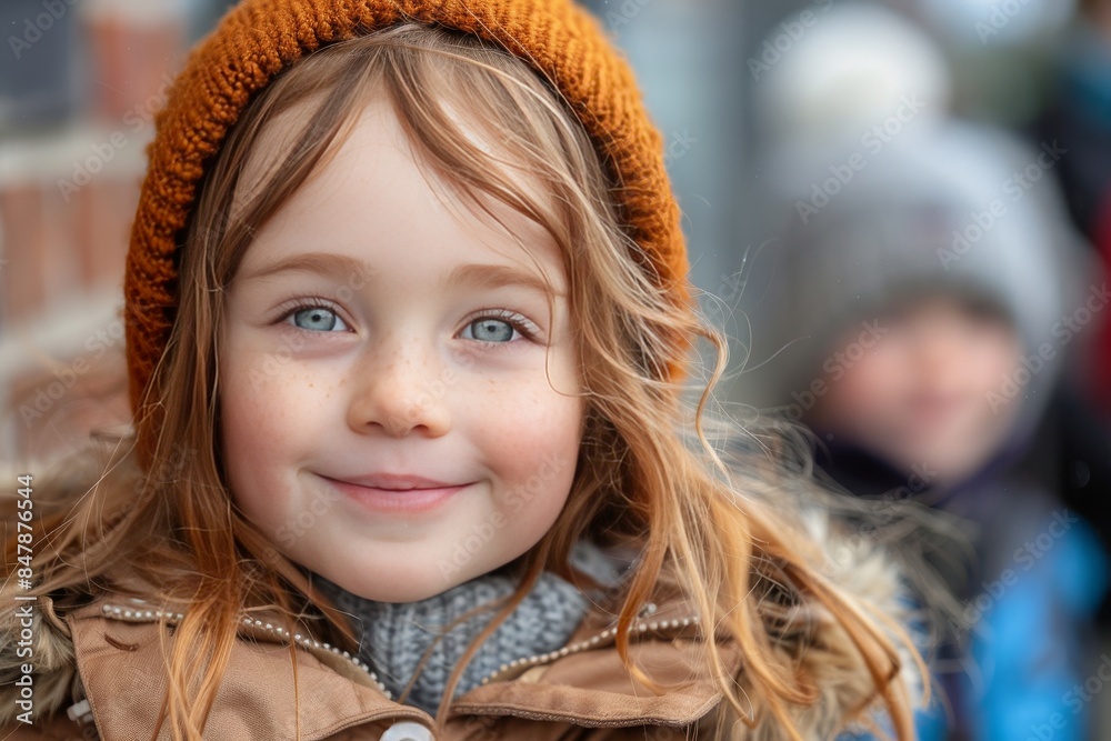 Smiling Young Girl Wearing Orange Knit Hat and Brown Jacket in Winter Smiling Young Girl Wearing Orange Knit Hat and Brown Jacket in Winter