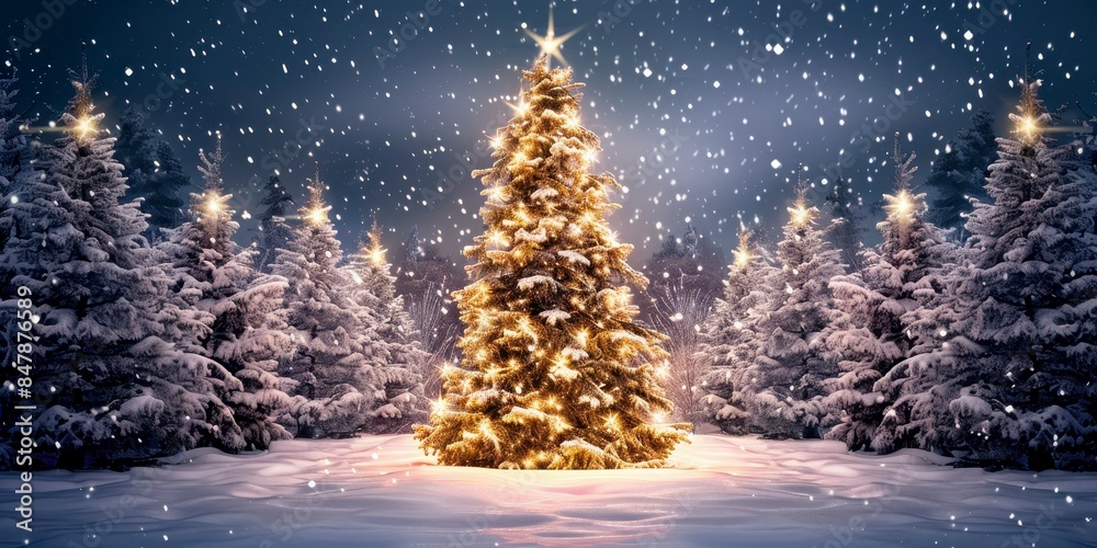 A beautiful christmas tree with lights in the snow, surrounded by trees and snow fall at night A beautiful christmas tree with lights in the snow, surrounded by trees and snow fall at night
