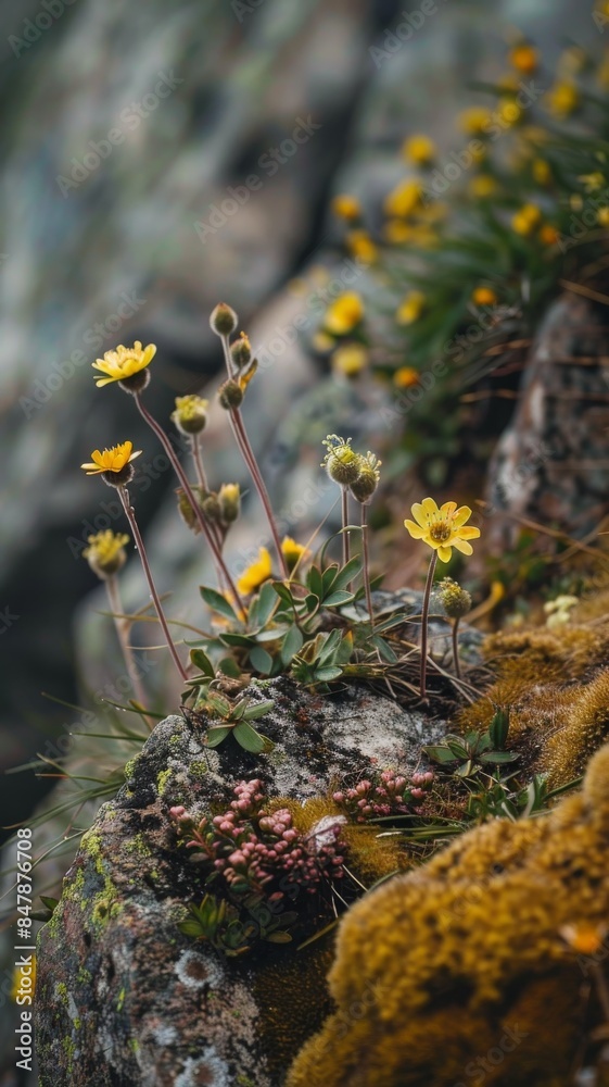 Yellow flowers growing on a rocky cliff. Yellow flowers growing on a rocky cliff.